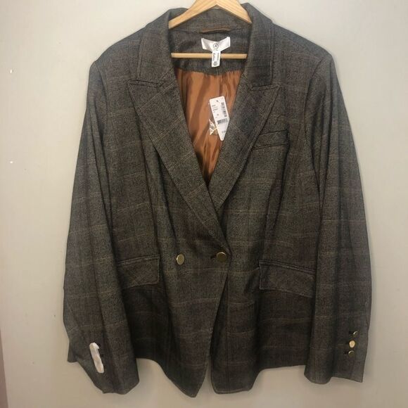 Addition Elle Brown & Grey Herringbone Plaid Blazer Academia Size 26 NWT - Picture 4 of 14